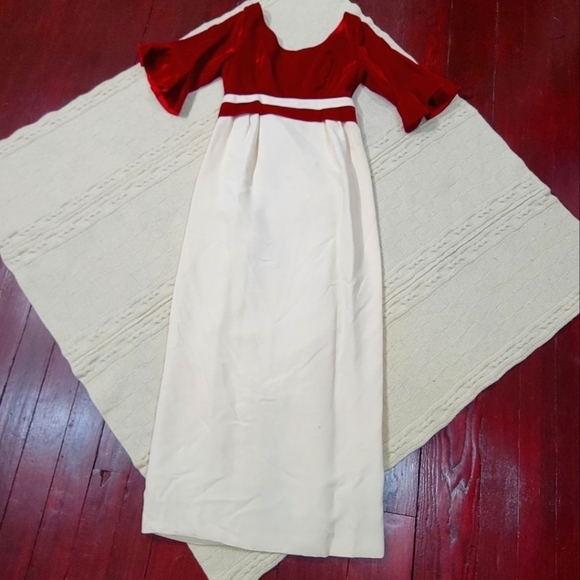 Vintage Dresses & Skirts - VINTAGE Empire Waist Long Ruffle Sleeve Velvet Top Dress size 2/4 Burgundy Ivory